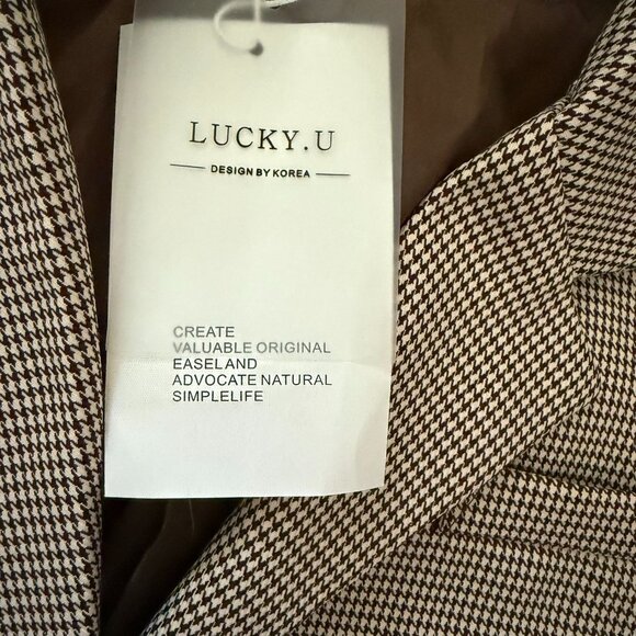 Lucky U Womens Houndstooth Blazer Brown Two Button Jacket Size Medium Cotton Ble - Picture 3 of 11